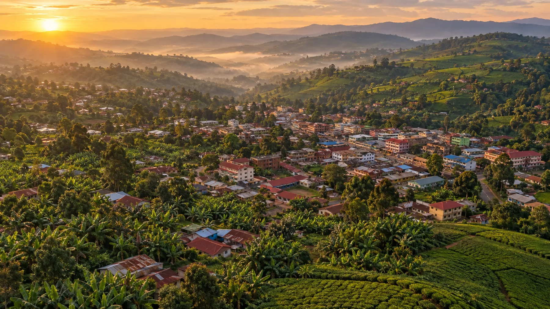 Aerial view of Kisii town among green hills at golden hour
